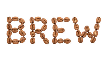 Brew word made of coffee beans isolated PNG, coffee shop concept for cafe menu and advertising design on transparent background