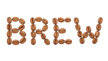 Brew word made of coffee beans isolated PNG, coffee shop concept for cafe menu and advertising design on transparent background