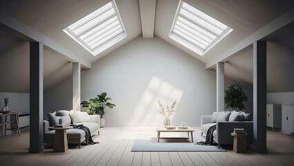 Serene attic interior featuring skylights and minimalist furniture arrangement