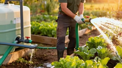 Medium shot of a gardener adjusting irrigation hoses connected to a recycled greywater system promoting ecofriendly watering practices.