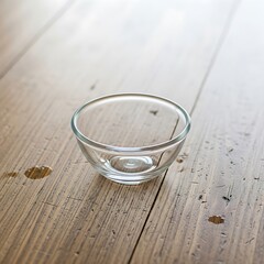 Small translucent glass bowl on aged wooden surface in studio setting