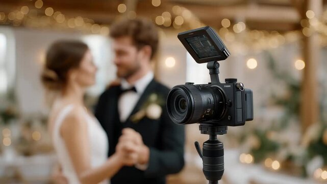 A wedding videographer using a gimbal to glide around a couple during their first dance, soft fairy lights creating dreamy bokeh behind the lens &mdash; event filmmaking, smooth romantic camera movement,