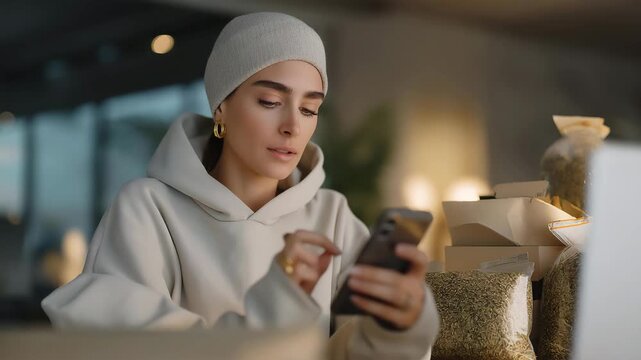 An entrepreneur exporting handmade goods through a cross-border e-commerce platform, packaging items while real-time orders ping from worldwide destinations &mdash; global marketplace, small business