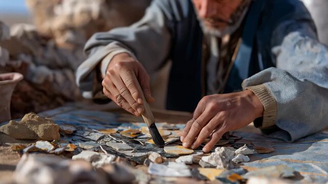 Ancient pottery fragments laid out on a canvas tarp as archaeologists carefully brush away sand, each piece revealing patterns from a long-lost culture &mdash; historical discovery, field research, and