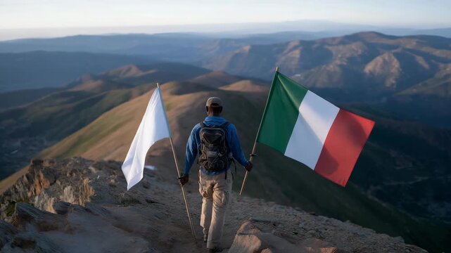 Cross-border hikers reaching a summit where two countries meet, placing flags side by side as panoramic mountain views stretch across both landscapes &mdash; adventure travel, cultural harmony, and