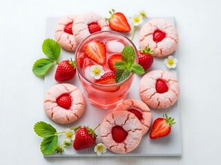 Strawberry refreshment with sweet biscuits and flowers in a minimalist style