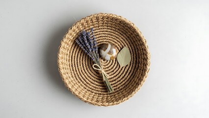 Still life with lavender, agate, and leaf in a woven basket close up
