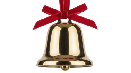Golden Christmas bell with red ribbon isolated PNG, festive holiday ornament for seasonal decoration and graphic design projects