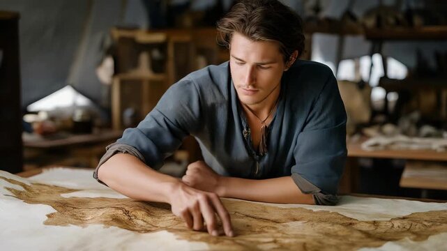 A cartographer in an archaeology tent carefully reconstructing ancient trade routes on a restored parchment fragment &mdash; historical map reconstruction, cultural heritage preservation, and scientific