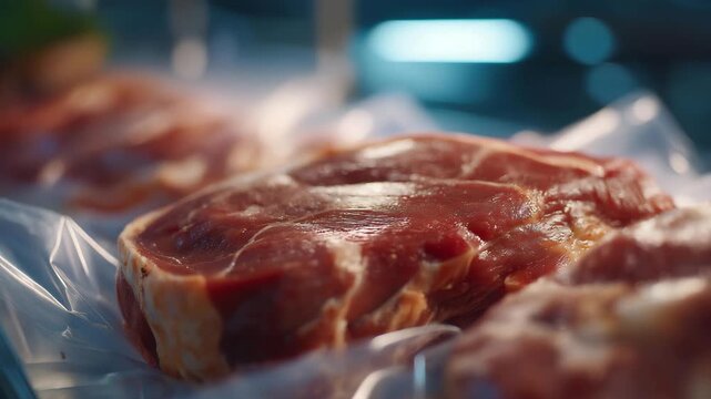 A close-up of frozen meat cuts sealed in vacuum-packed bags, crystalized edges shimmering under harsh warehouse lighting &mdash; protein preservation, food safety standards, and retail-ready frozen
