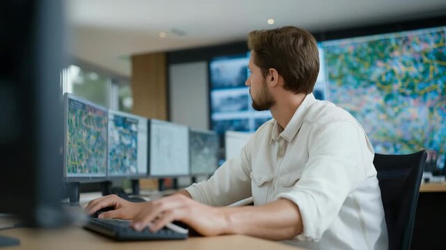 A control room operator monitoring real-time energy distribution maps across an entire region, colorful grid overlays pulsing as supply adjusts to demand &mdash; smart grid technology, power management,