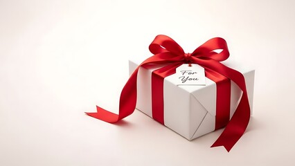 White gift box with red ribbon and tag for you romantic Valentine's Day present surprise celebration