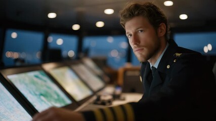 A maritime navigation officer plotting a course using both digital charts and a classic compass, glow from screens contrasting with the darkened bridge — modern seamanship, ocean route planning, - Powered by Adobe