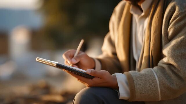 A humanitarian outreach worker documenting conditions with a tablet as local residents describe urgent needs, sunlight illuminating handwritten notes and translated dialogue &mdash; needs assessment,