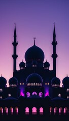 Ramadan Mubarak Mobile Wallpaper of a Mosque Silhouette Against a Purple Twilight Sky, Creating a Calm Islamic Evening Scene for Spiritual Reflection