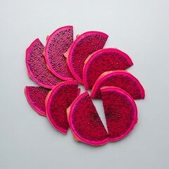 Vibrant red dragon fruit segments beautifully arranged on light surface