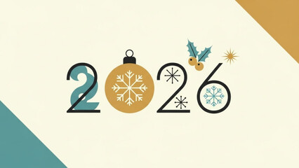 Happy New Year 2026 text with Christmas ornaments and snowflakes festive greeting for holiday season celebration