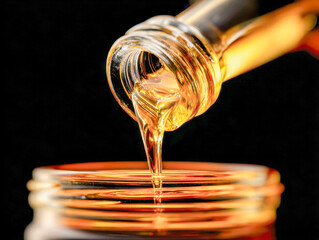Pouring golden syrup from a glass bottle into a jar with shining amber liquid against a dark background for cooking and sweetening use