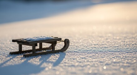 Vintage wooden sled resting gently on sparkling fresh winter snow