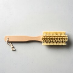 Wooden scrub brush with natural bristles on speckled gray backdrop