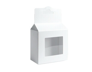 Paper white packaging box with transparent window and hanging hole. Blank product package template.