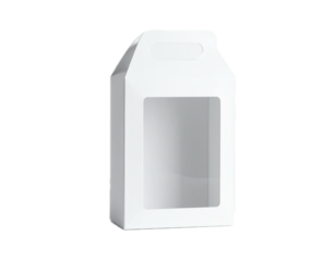 Paper white packaging box with transparent window and hanging hole. Blank product package template.