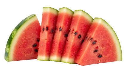 Sliced watermelon PNG isolated on transparent background, refreshing summer fruit with juicy red flesh and black seeds