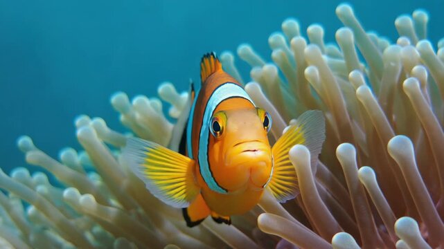 An underwater of a clownfish swimming in the ocean among vibrant coral, showcasing marine life and biodiversity.
