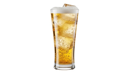 Refreshing beer with ice cubes in a tall glass isolated PNG, golden lager drink on transparent background for summer refreshment
