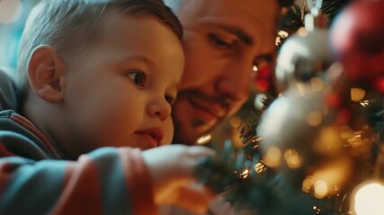 A heartwarming scene of a father and son admiring the twinkling lights on a festive Christmas tree.