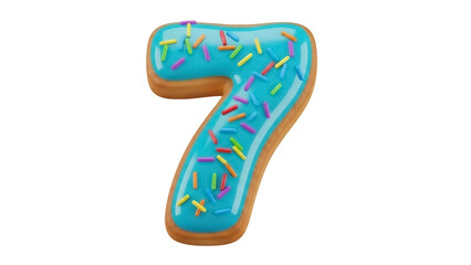 Number seven cookie PNG isolated on transparent background, blue frosted biscuit with colorful sprinkles for birthday and party designs