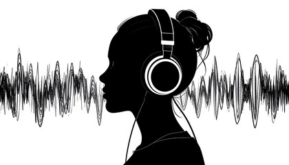 Black silhouette of a woman with headphones, surrounded by waveform graphics on a white background