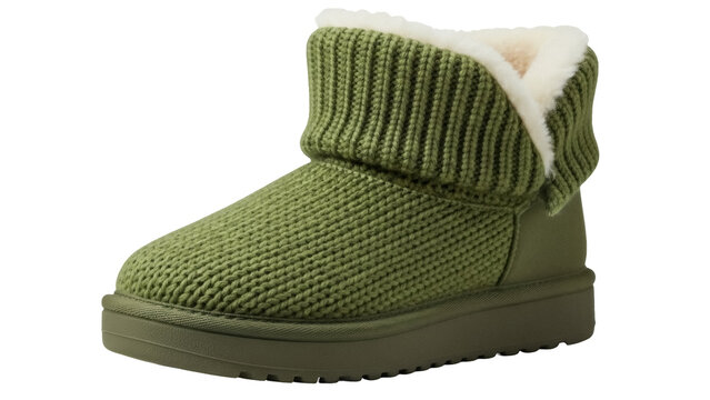 Olive green knitted slipper boot isolated PNG, cozy winter footwear with faux fur lining on transparent background