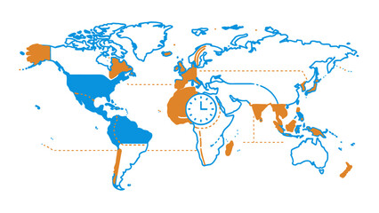 Global Time Zones Map with Clock