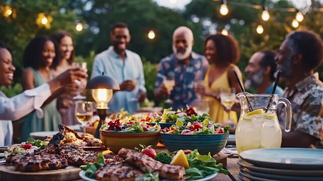 Happy multicultural family enjoying outdoor dinner together with food celebration at night
