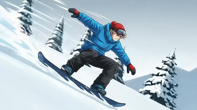 Snowboarder in Action on a Snowy Mountain Slope with Pine Trees.