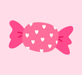 Cute pink wrapped candy. Vector hand-drawn illustration in a flat style. Perfect for decorations, logo, menu, various designs. Sweet food.
