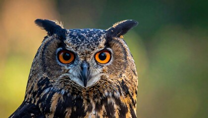 Striking close-up of an owl, vibrant orange eyes piercing the viewer against a blurred green and yellow background