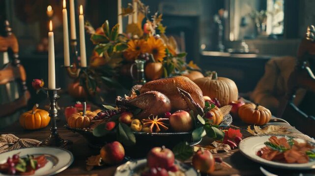 A rustic autumn-themed dinner arrangement on a wooden table, featuring a roasted turkey and assorted pumpkins, gourds, and decorative leaves. The setting includes plates of food and lit candles.