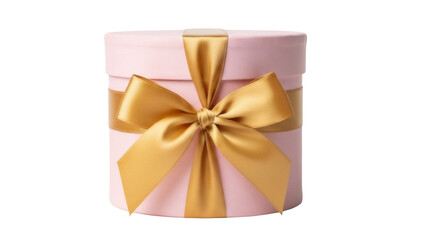 Elegant light pink gift box with golden ribbon isolated PNG, present for birthday or special occasion on transparent background