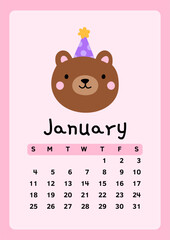 Calendar page for January 2026, week starts on Sunday. Cute design with a bear in pastel colors. Perfect for kids nursery, home or office decor. Schedule for planning, organization.