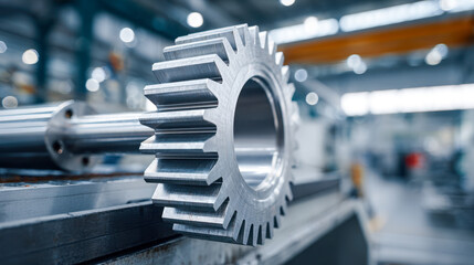 Industrial steel gear lying on metal surface in a manufacturing factory with blurred background showing precision engineering in modern industry environment