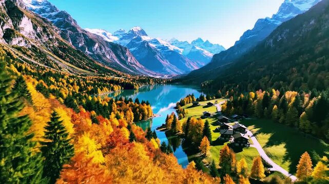 The glorious spectacle of snow-capped peaks overlooking a valley ablaze with fall colors.