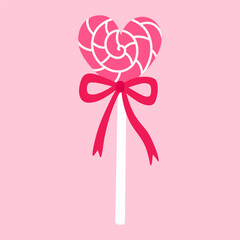A cute heart-shaped lollipop with a bow. Vector hand-drawn illustration in a flat style. Perfect for decorations, logo, menu, holiday designs. Sweet food.