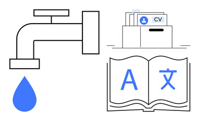Water conservation, translation, and employment documentation. Water conservation with a faucet efficient usage. Translation multilingual communication. For education, HR, sustainability initiatives