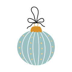Cute blue Christmas ornament with white stripes and a bow on top. Festive decorative bauble isolated on white. Vector hand-drawn flat illustration. Perfect for holiday and season designs, cards.