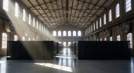 A large empty industrial building with high ceilings. Sunlight streams through many tall windows, casting bright shadows across the vast area. A new data center with industrial fans on the walls
