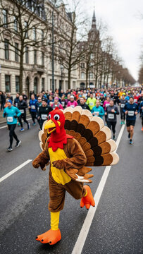 Crowd of athletes with person in full turkey costume macot running down city street in daytime event, autumn trees, Turkey Trot Race, Thankshiving. Vertical layout