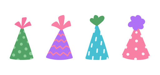 A set of birthday party hats isolated on a white background. Vector hand-drawn illustration in flat style. Perfect for decorations, holiday designs, cards, logo