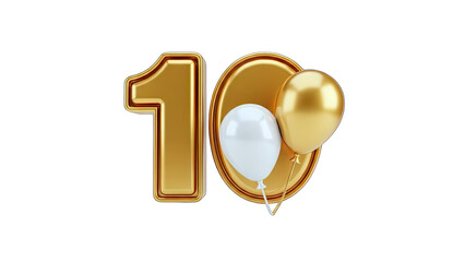 Golden Number 10 with Balloons for Celebration